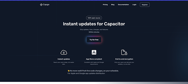 The image displays a dark-themed webpage for Capgo, highlighting its features and services.