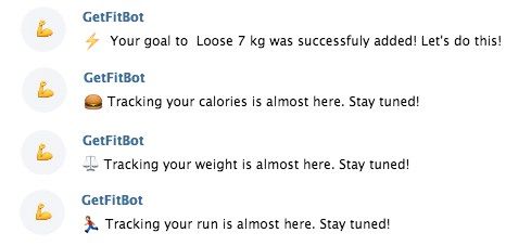 The image shows messages from GetFitBot regarding fitness goals and tracking features.