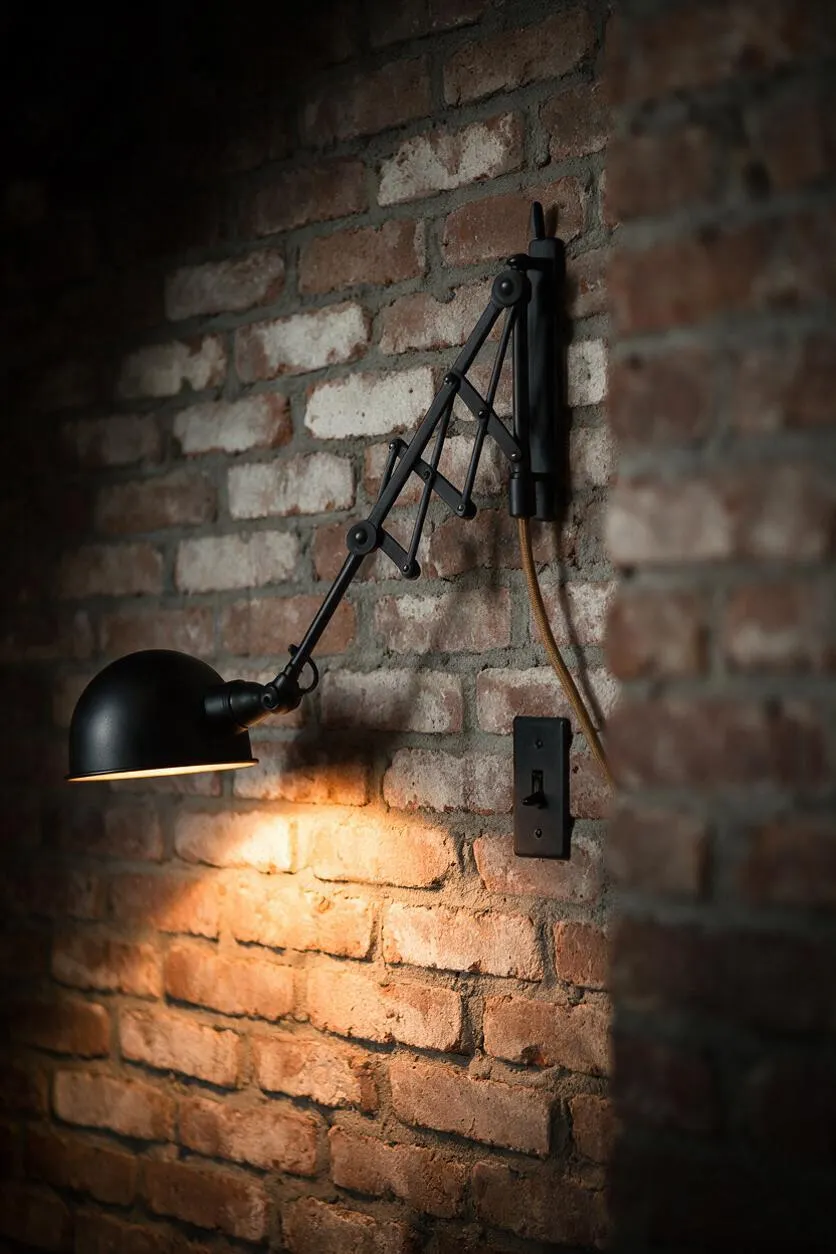 A black articulated wall sconce is mounted on an exposed brick wall, with a warm bulb casting a soft glow across the textured masonry. A small black switch plate and visible cord reinforce the utilitarian industrial look.