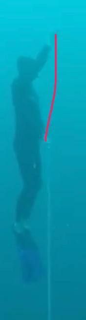 A handwritten note on a lined piece of paper illustrating free diving depth measurement.
