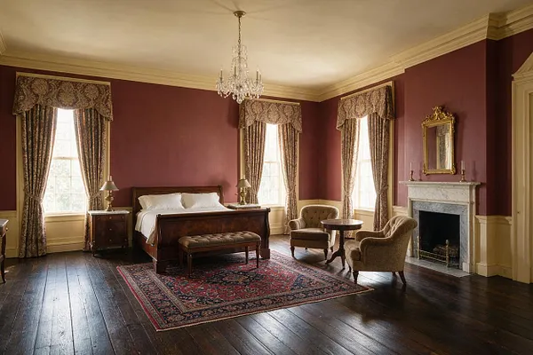 A traditional guest bedroom with deep burgundy walls, cream trim, and dark wood plank floors. The room features a dark wood bed, patterned drapery at tall windows, a crystal chandelier, a marble fireplace, upholstered seating, and a richly colored area rug.