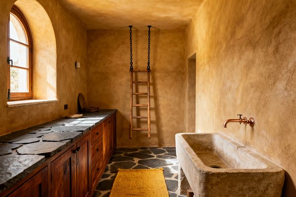 A rustic laundry room with warm ochre plaster walls and an arched wood-framed window. Along the left wall, solid wood cabinets are topped with irregular charcoal slate slabs, while the right side features a long carved stone trough sink with a wall-mounted copper faucet; a mustard woven runner lies on a dark flagstone floor, and a wood ladder hangs from black iron chains, all bathed in natural light.
