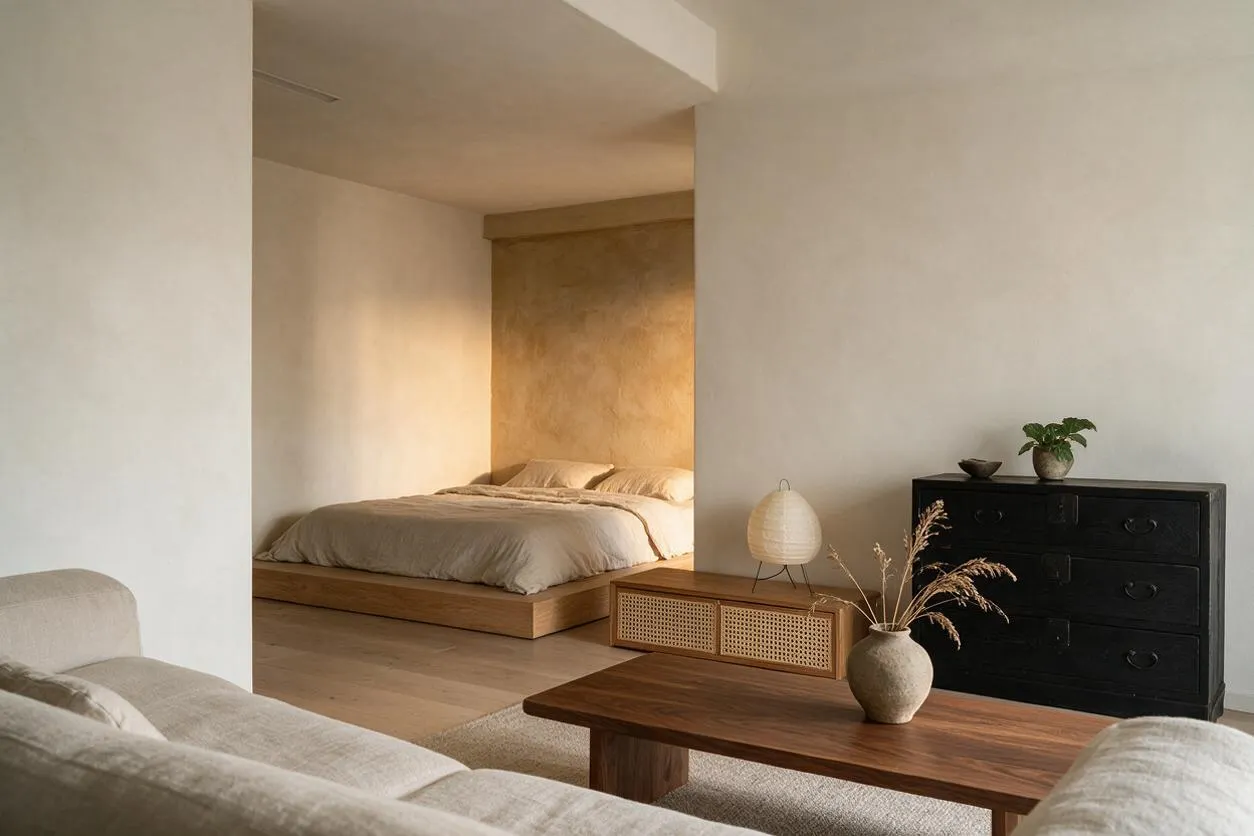 A serene studio apartment interior with a low wooden platform bed set into an alcove, beige bedding, and textured plaster walls. In the foreground are a light fabric sofa and a walnut coffee table, while a black dresser, woven accents, and a small table lamp add contrast and warmth.