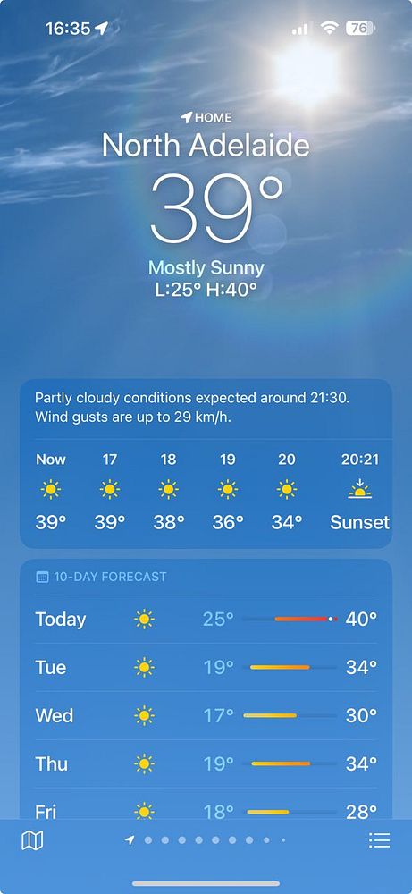 The image displays a weather forecast for North Adelaide during a heatwave.