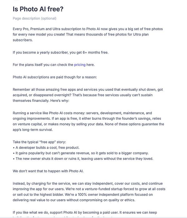 The image contains a detailed FAQ section addressing whether Photo AI is free.