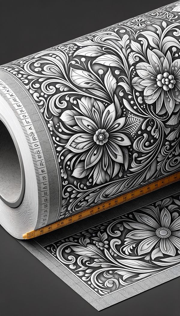 A close-up of a fabric roll showing a repeating floral design, with dimensions illustrating the distance between repeating elements.