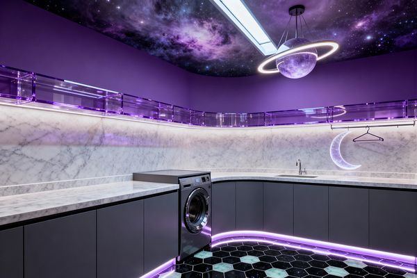 Futuristic laundry room with a galaxy-printed ceiling and a ringed planet pendant light. Curved white marble counters and backsplash run along matte gray base cabinets, with translucent purple acrylic uppers above. Purple and white LED strips highlight the backsplash and toe kicks. The floor features black hex tiles with mint insets. A stainless front-loading washer sits beside an integrated sink, and a glowing crescent light hangs on the wall.