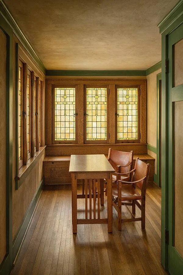 A narrow Craftsman-style game room features a simple wooden table with two leather chairs on a medium-toned wood floor. Built-in bench seating lines the back wall beneath leaded glass windows, and green trim frames the doors, ceiling edges, and woodwork throughout the room.