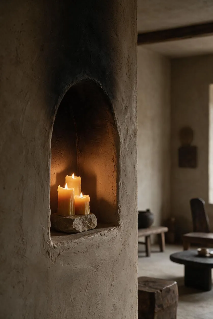 A rustic interior with a built-in arched niche in an earthen plaster wall, holding three lit candles on a rough stone base. The softly blurred room beyond includes low wooden furniture, dark pottery, and a muted neutral palette with warm natural light.