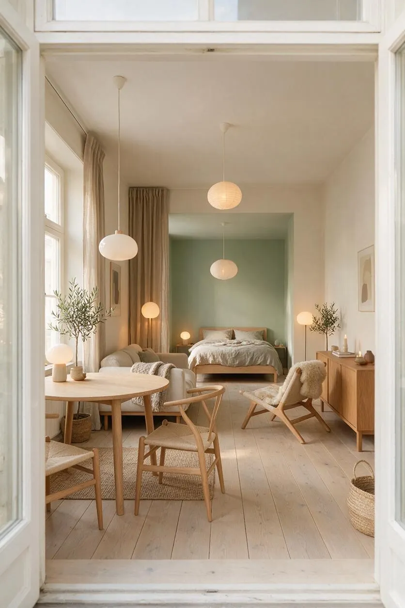 A bright Scandinavian-style studio apartment seen through open white French doors, featuring pale wood floors, a round dining table with woven chairs, a beige sofa, and a low bed in a sage-green alcove. Warm paper pendant lights, sheer curtains, light wood furniture, and natural baskets create a calm, airy atmosphere.