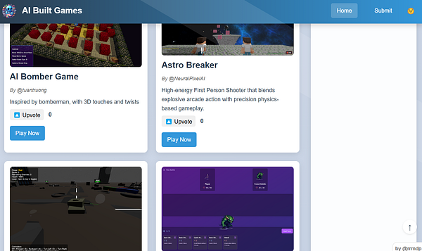 The image displays a webpage showcasing various games under the title 'AI Built Games'.