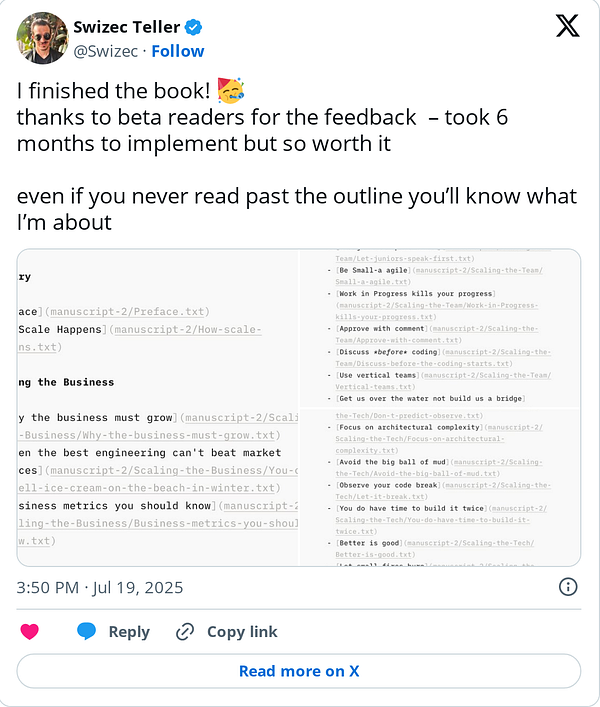 A tweet celebrating the completion of a book, accompanied by a screenshot of a manuscript outline.