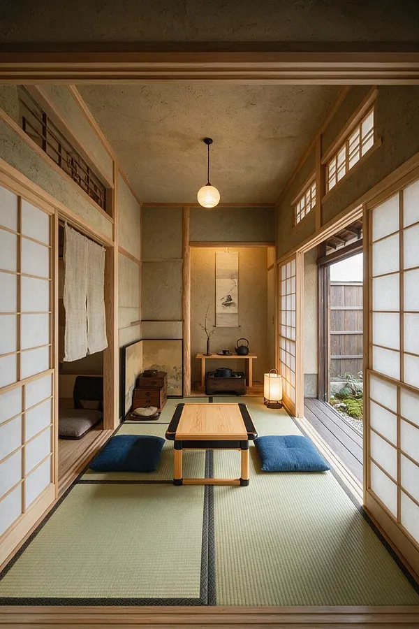 A narrow Japanese-style front porch with sliding shoji screens on both sides, tatami mat flooring, and a low wooden table centered on blue floor cushions. Warm wood trim, a paper lantern ceiling light, and a small alcove with tea wares and decor create a calm, minimalist atmosphere.