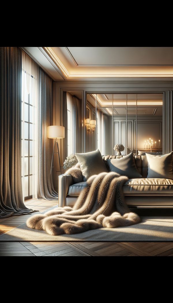 A luxurious living room with a soft, plush mohair throw draped elegantly over a sophisticated sofa, with sunlight highlighting its natural sheen.