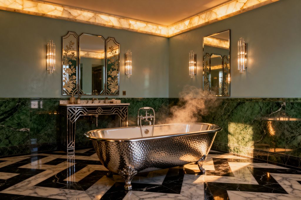 A luxurious vintage glam bathroom features a hammered nickel clawfoot tub steaming on a black-and-white chevron marble floor. Emerald green marble wainscoting meets pale mint walls. A geometric console vanity with a white marble top sits below three mirrors with etched floral panels. Vertical ribbed-glass sconces and a warm, backlit alabaster ceiling cove illuminate polished nickel fixtures and mirrored details.