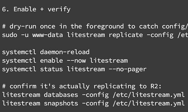 Diagram showing a data flow schema for Litestream backup setup involving SQLite database, a Litestream daemon, and S3 storage.