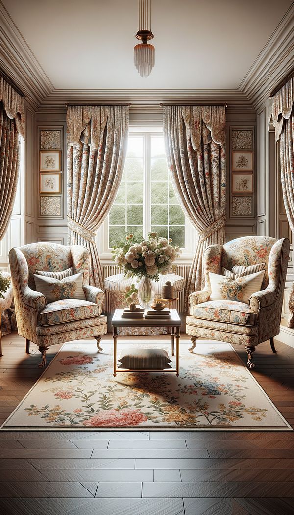 An elegantly furnished living room featuring chintz upholstered armchairs, floral patterned curtains, and matching decorative cushions, all imbued with a luxurious sheen.