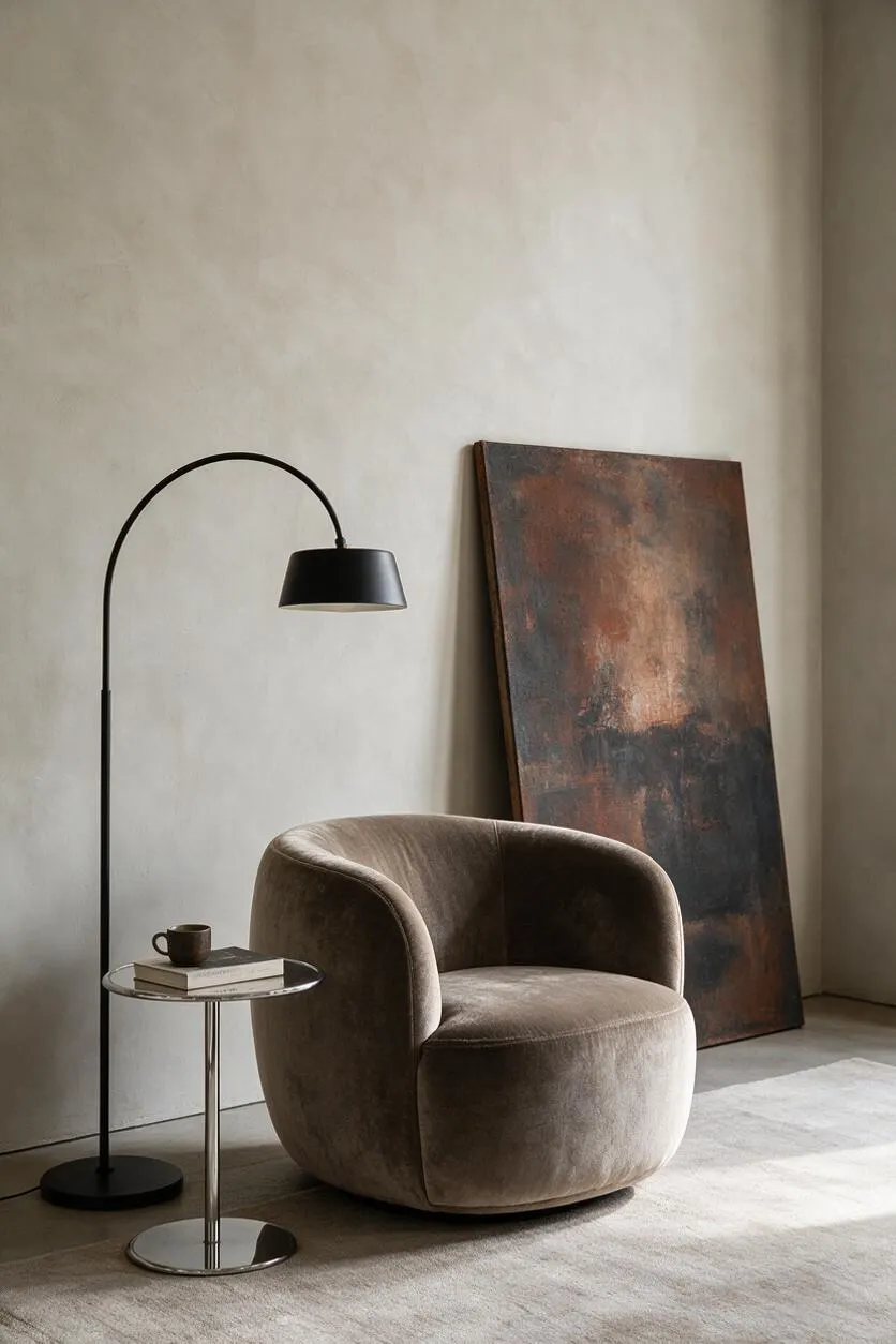 A modern seating vignette features a rounded taupe velvet armchair beside a slim black arched floor lamp and a small chrome side table with books and a cup. A large abstract painting in dark rust and charcoal leans against a textured beige wall over a pale rug.