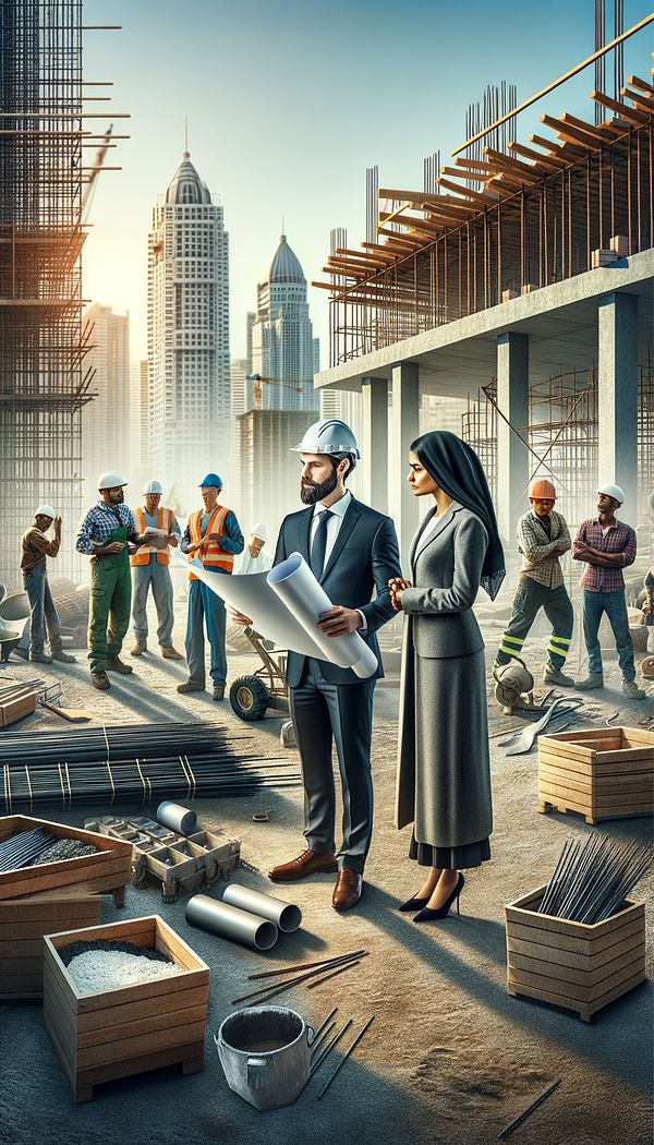 A general contractor discussing plans with a client in front of a construction site, with workers and various building materials in the background.