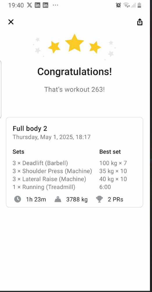 The image displays a workout summary congratulating the user on completing their 263rd workout.