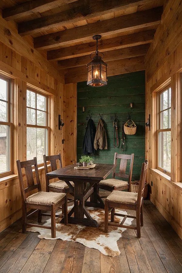 A rustic front porch enclosed with natural wood plank walls and exposed ceiling beams, featuring a dark wooden table with four chairs around a cowhide rug. A green accent wall at the far end holds hooks with coats and bags, while lantern-style pendant lighting hangs overhead and large windows bring in soft daylight.