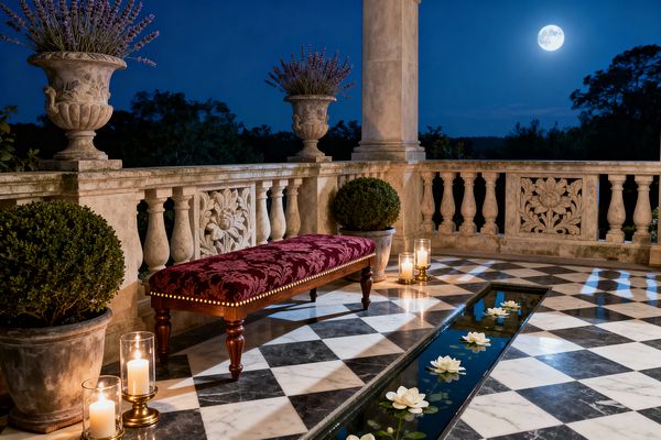 An elegant traditional patio at night with a black-and-white marble checkerboard floor and a narrow reflecting rill holding floating white flowers. Carved limestone balustrades with floral reliefs and a column frame the terrace. A burgundy damask bench with turned wooden legs sits beside glass hurricanes on brass bases, while stone urns display lavender and clipped boxwood under a bright full moon.