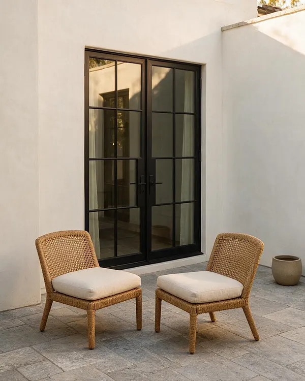 A serene outdoor patio with two woven lounge chairs and cream cushions set on large stone pavers. Behind them, tall black-framed French doors open into a light-toned interior, surrounded by smooth off-white stucco walls and a small neutral planter.