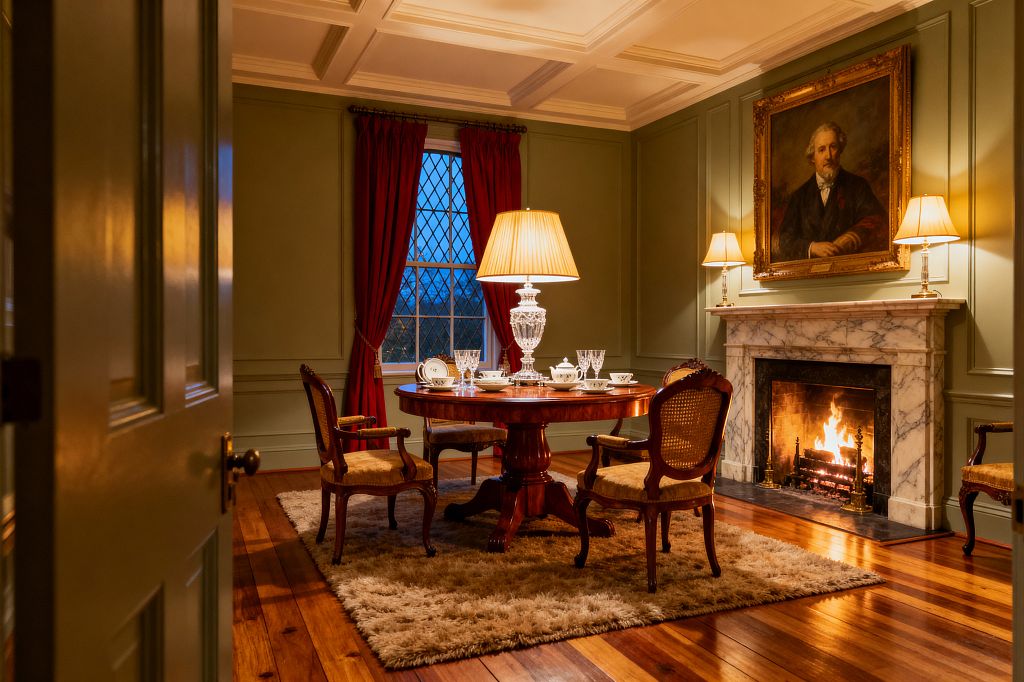 A traditional dining room features sage-green paneled walls, a coffered ceiling, and a round mahogany pedestal table with four cane-back chairs on a plush beige rug. A crystal lamp with a pleated shade sits at the table’s center, while two lamps flank a white marble fireplace with a lit fire and a gilded portrait above. Deep red drapes frame a leaded window, and wide-plank wood floors warm the scene.