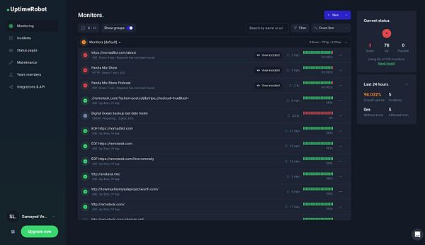 The image displays the UptimeRobot dashboard showing the status of various website monitors.
