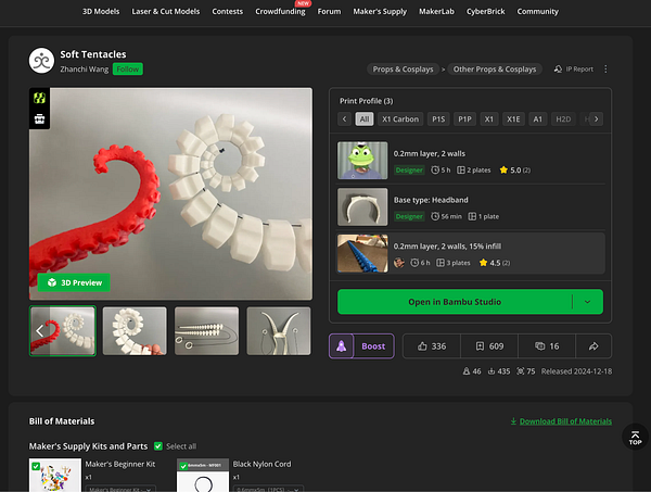 The image displays a 3D modeling interface showcasing soft tentacle designs and their print profiles.
