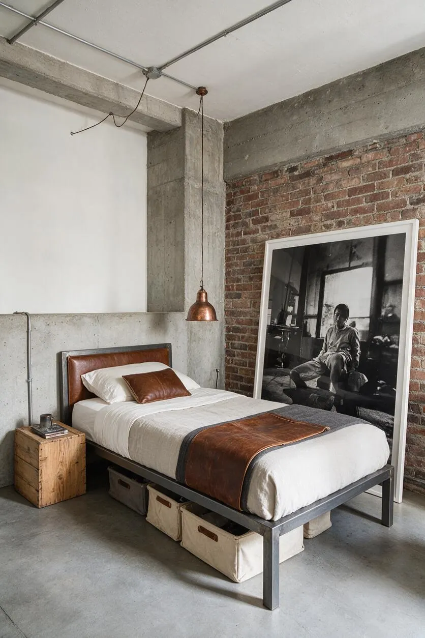 A master bedroom with industrial design features a metal platform bed dressed in white bedding, a brown leather headboard and bench-style cover, and a copper pendant light hanging overhead. Exposed brick, raw concrete walls, a polished concrete floor, a rustic wood nightstand, and a large black-and-white framed photograph complete the rugged, minimalist space.