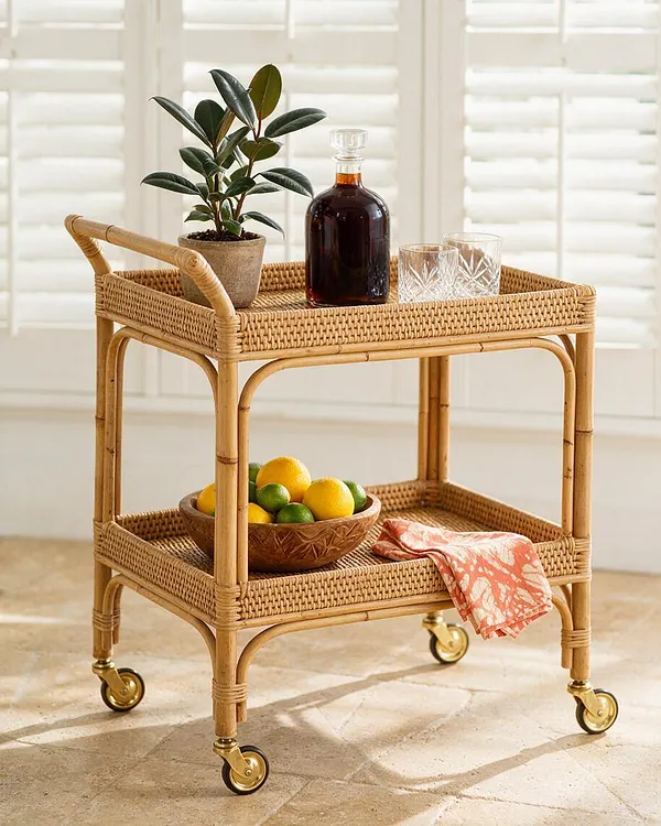 A tropical-inspired rattan bar cart sits in front of white window shutters. It is styled with a potted green plant, a dark glass decanter, crystal tumblers, a bowl of lemons and limes, and a coral patterned napkin draped on the lower shelf.