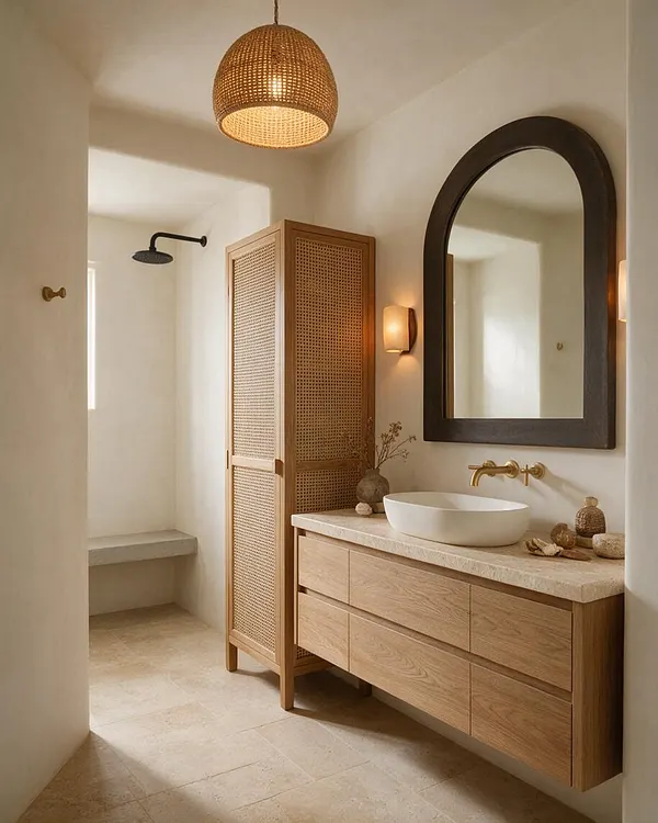 A serene organic modern master bathroom with a floating light oak vanity, a vessel sink, a dark arched mirror, brass faucet, and a woven pendant light. A rattan cabinet and soft beige stone surfaces add warmth, while a separate shower area is visible in the background.