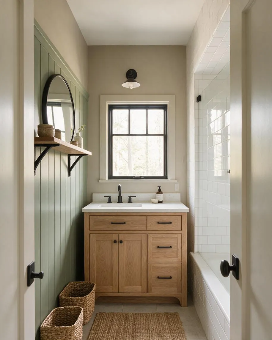 A narrow farmhouse-style master bathroom with a light oak vanity, white countertop, matte black faucet and hardware, and a black-framed window above the sink. The left wall features vertical sage green paneling with a round mirror and wood shelf, while the right side shows a white tiled tub and shower surround with black fixtures and a woven rug and baskets on the floor.