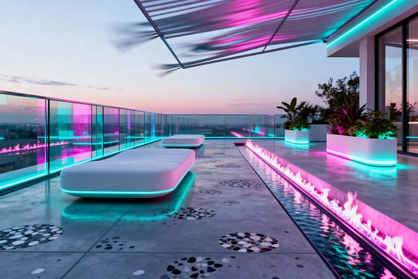 A sprawling rooftop patio at dusk features seamless glass balustrades illuminated by cyan and magenta LEDs. Two low, white, rounded loungers seem to float above a concrete deck with circular terrazzo inlays, while a long water rill edged with a continuous pink flame runs along one side; white planters with tropical foliage glow with integrated light bands beneath a slim slatted canopy, creating a sleek futuristic ambiance.