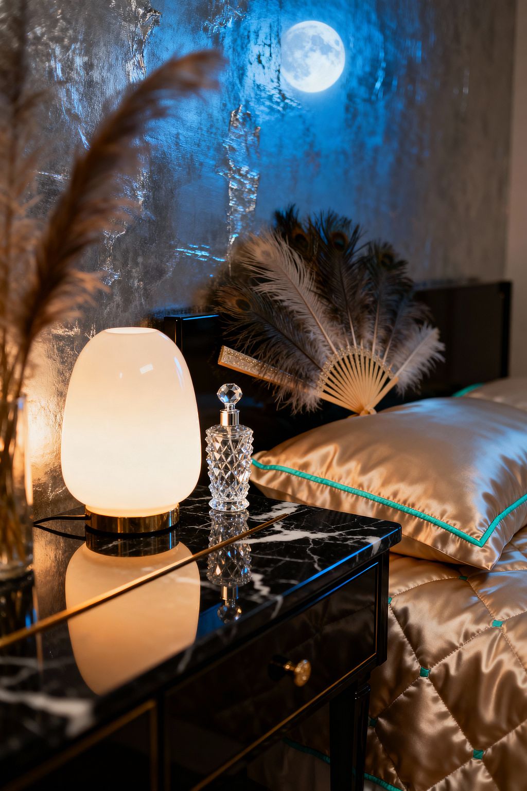 A close-up of a vintage glam bedroom vignette shows a black, gold-trimmed nightstand with a polished black marble top, an opaline glass lamp on a brass base, and a cut crystal perfume bottle. Champagne satin pillow and quilt with turquoise piping rest against a glossy black headboard beside a decorative peacock feather fan. A textured silver-leaf wall glows with cool blue light and a moon motif, contrasting the lamp’s warm glow for a moody, luxurious feel.