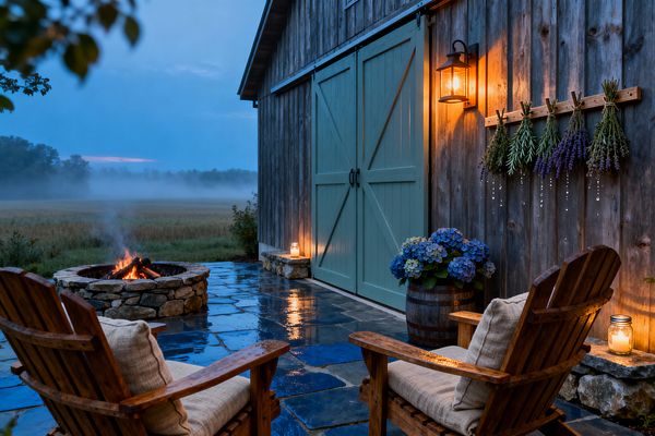 A rustic farmhouse patio lines a barn clad in weathered gray wood with large teal sliding doors and a glowing black metal lantern. Two wooden Adirondack chairs with beige linen cushions face a round stacked-fieldstone fire pit on wet bluestone pavers. A peg rail holds drying bundles of lavender and rosemary, while a barrel planter brims with blue hydrangeas. Mason-jar candles flicker along the stone ledge as dusk settles over a misty meadow beyond.