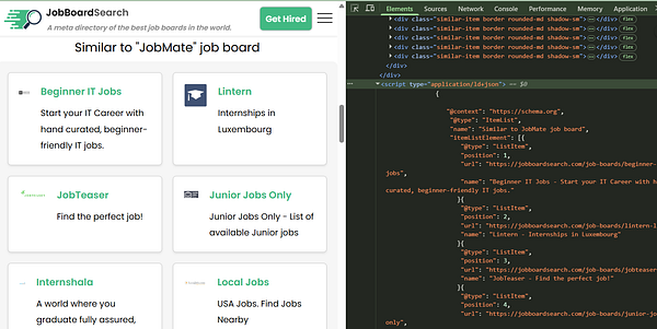 The image displays a webpage section showcasing job boards similar to 'JobMate' along with a code snippet for structured data.