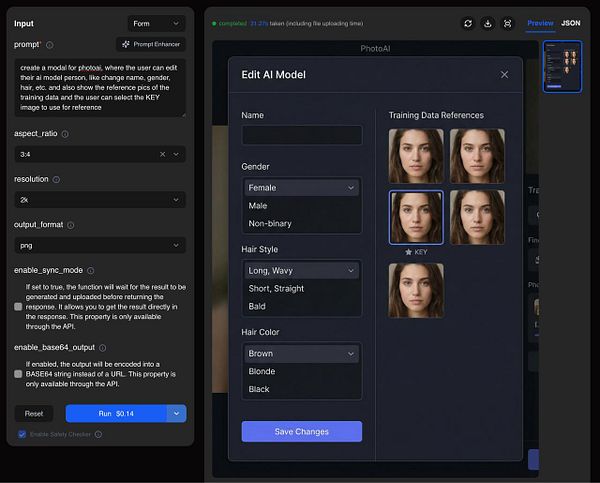 User interface prototype of an 'Edit AI Model' modal with form fields and options.