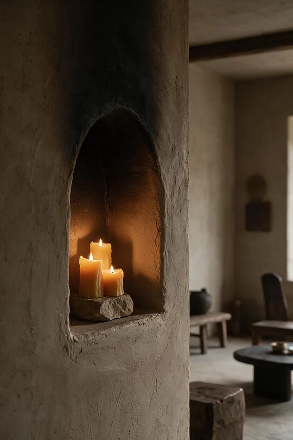 A rustic interior with a built-in arched niche in an earthen plaster wall, holding three lit candles on a rough stone base. The softly blurred room beyond includes low wooden furniture, dark pottery, and a muted neutral palette with warm natural light.