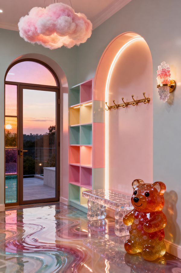 A pastel mudroom features a glossy, swirled epoxy floor and cubby shelves in mint, blush, and peach beside an arched alcove lined with LED lighting and brass coat hooks. A clear acrylic bubble bench sits next to a translucent gummy-bear sculpture, a pink-and-white cloud pendant glows overhead, a glass-bead sconce adds warmth, and an arched glass door with tinted panes opens to a sunset view outside.