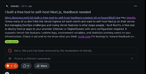 A Reddit post discussing a tool for self-hosting Next.js applications, featuring a warning about the post's removal.