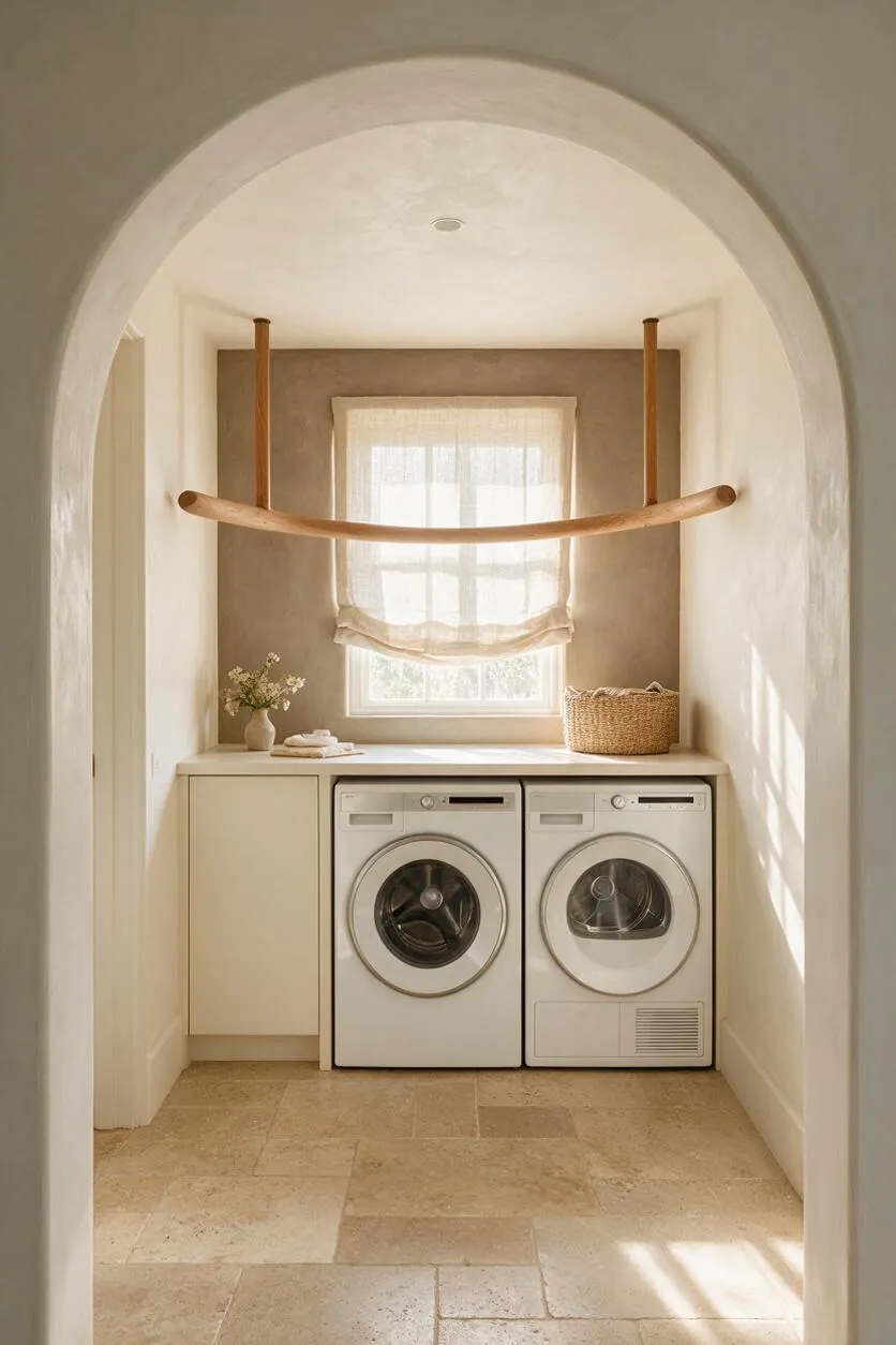 A compact laundry room framed by a rounded archway features a warm neutral palette, pale stone tile flooring, and a built-in counter with front-loading washer and dryer. A sheer curtain filters soft light from the window, while a woven basket, small vase of flowers, and curved wood drying rod add natural texture.