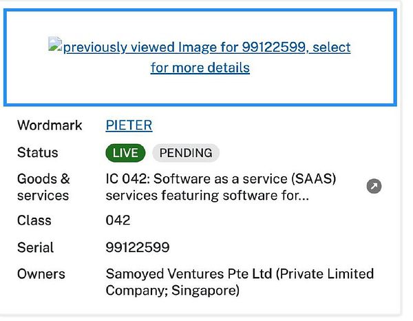 The image displays a trademark filing for the wordmark 'PIETER'.