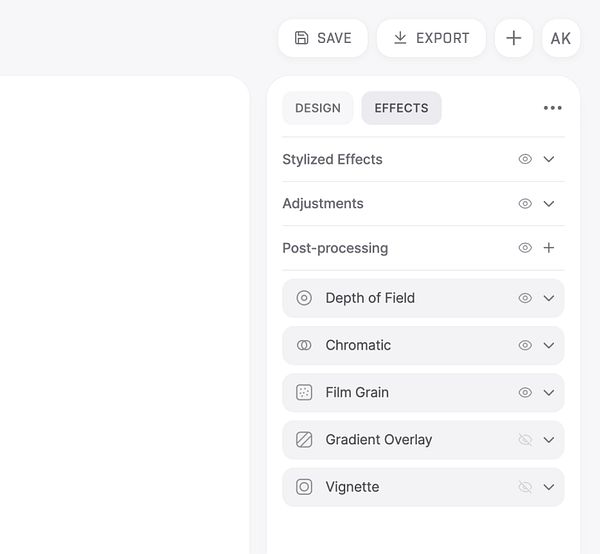 A user interface screen showing effect presets in a design or audio software with various UI components.