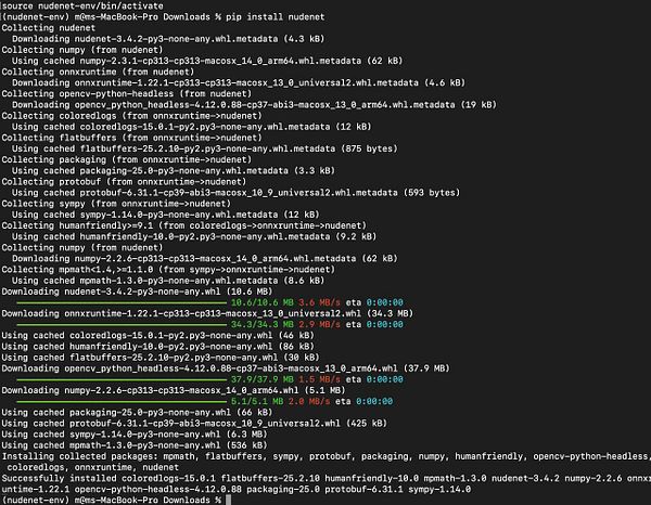 The image displays a terminal window showing the installation process of the NudeNet package and its dependencies.