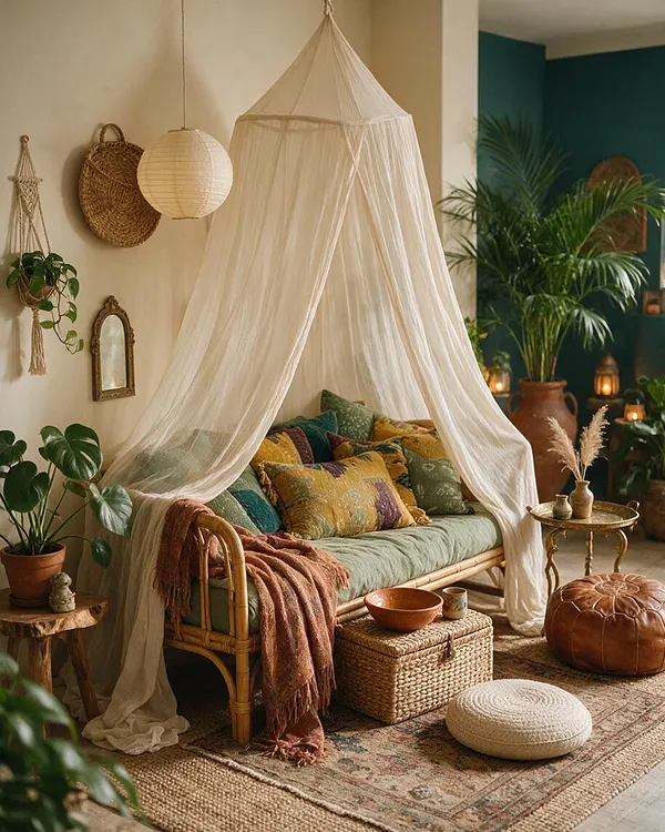 A cozy bohemian seating nook features a rattan daybed draped with sheer white canopy fabric, layered patterned and solid cushions, and a muted green mattress. Surrounding the space are woven baskets, a leather pouf, a round floor cushion, hanging plants, lantern-style lighting, and warm neutral walls with a deep teal accent wall.