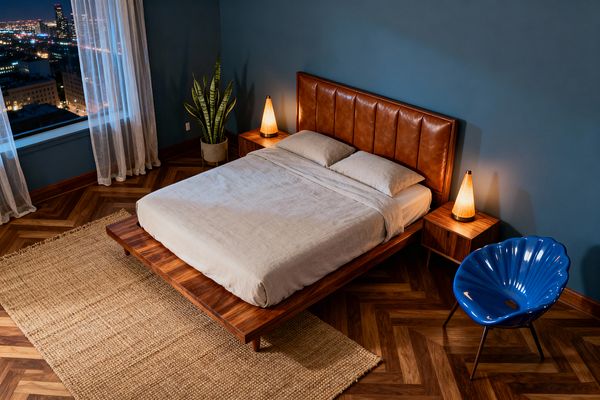 A mid-century modern bedroom features a low walnut platform bed with a channeled cognac leather headboard against deep blue walls. Matching walnut nightstands hold cone-shaped lamps, a jute rug softens herringbone wood floors, and a sculptural cobalt chair and potted snake plant add accents beside soft gray linen bedding, while sheer curtains reveal a nighttime city view.