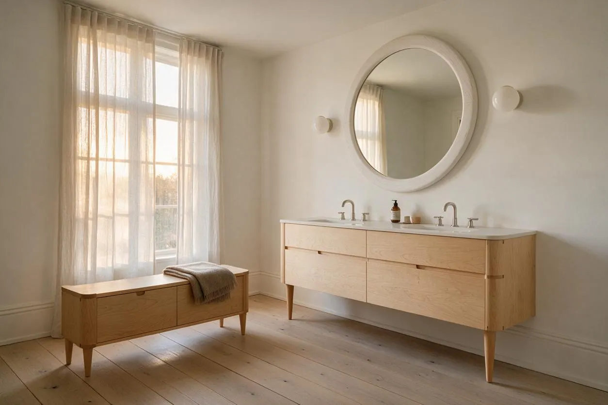 A serene Scandinavian-style powder room with a light oak floating vanity, round wall mirror, and soft white walls. Sheer curtains filter warm daylight through a large window, and a matching wooden bench with a folded towel sits beside the vanity on pale wood floors.