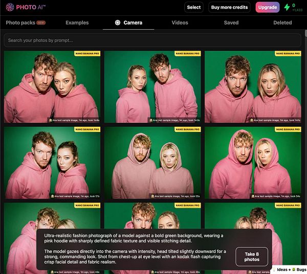 A grid of ultra-realistic fashion photographs featuring two models in pink hoodies against a green background.
